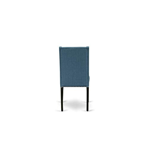 East West Furniture Lassale 11 Piece Modern Dining Set Includes a Rectangle Wooden Table with Butterfly Leaf and 10 Blue Linen Fabric Upholstered Chairs, 42x92 Inch, Distress Jacobean