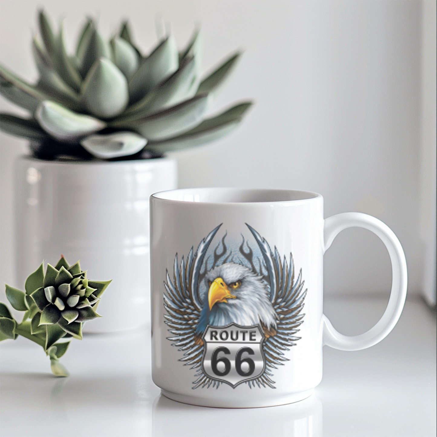 Eagle Route 66 Mug, Vintage Americana Gift, Ceramic Coffee Mug, Personalized Travel Mug, Road Trip Souvenir, 11oz 15oz