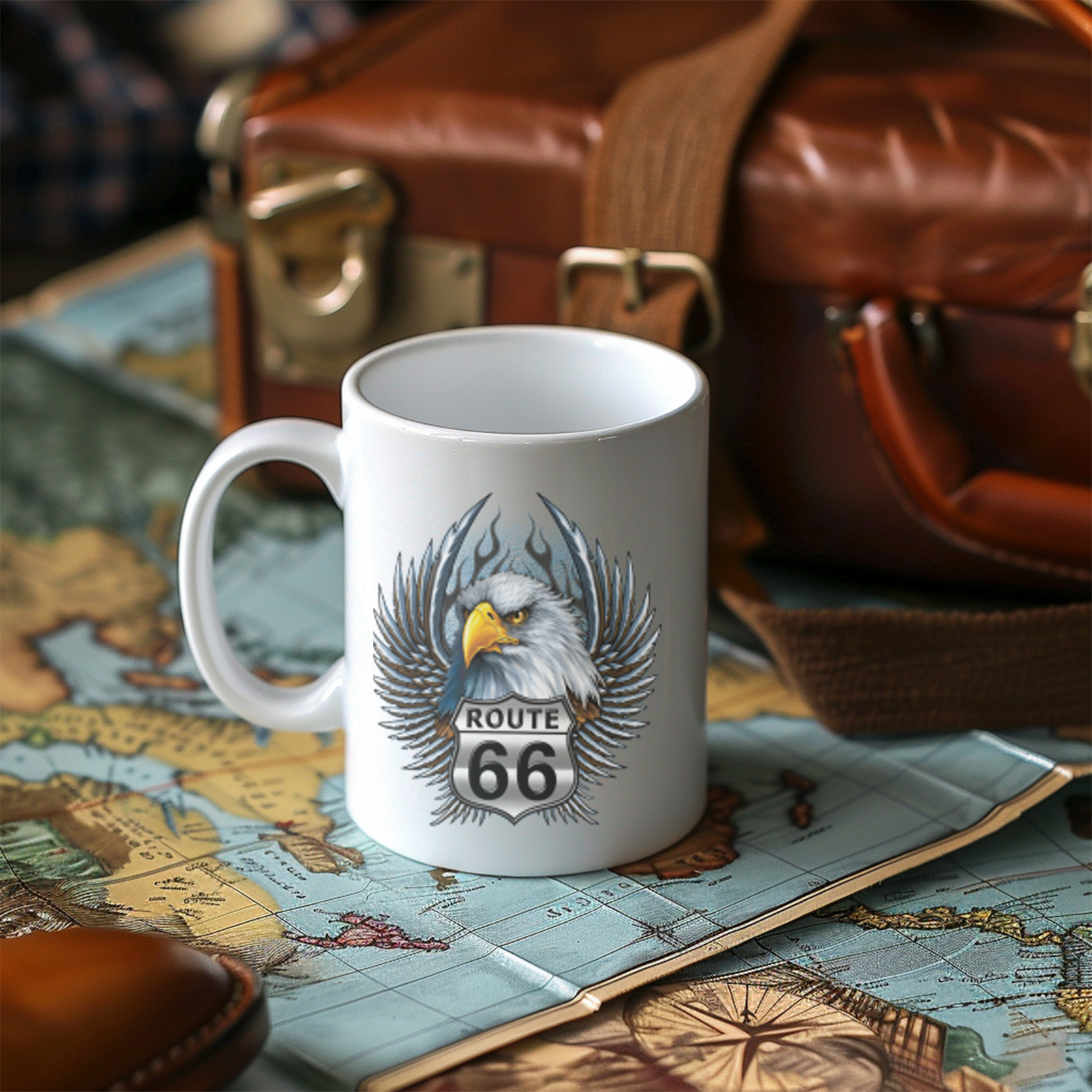 Eagle Route 66 Mug, Vintage Americana Gift, Ceramic Coffee Mug, Personalized Travel Mug, Road Trip Souvenir, 11oz 15oz