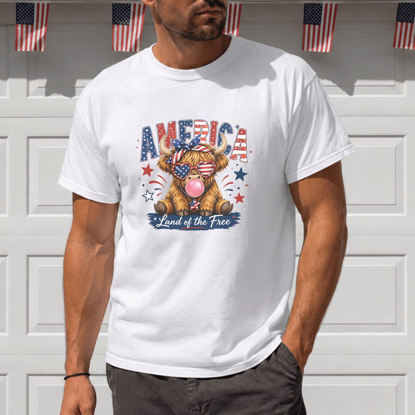 Patriotic Highland Cow Shirt, USA Flag T-Shirt, Land of the Free Tee, 4th of July Gift, Cute Bull Graphic, American Pride Shirt