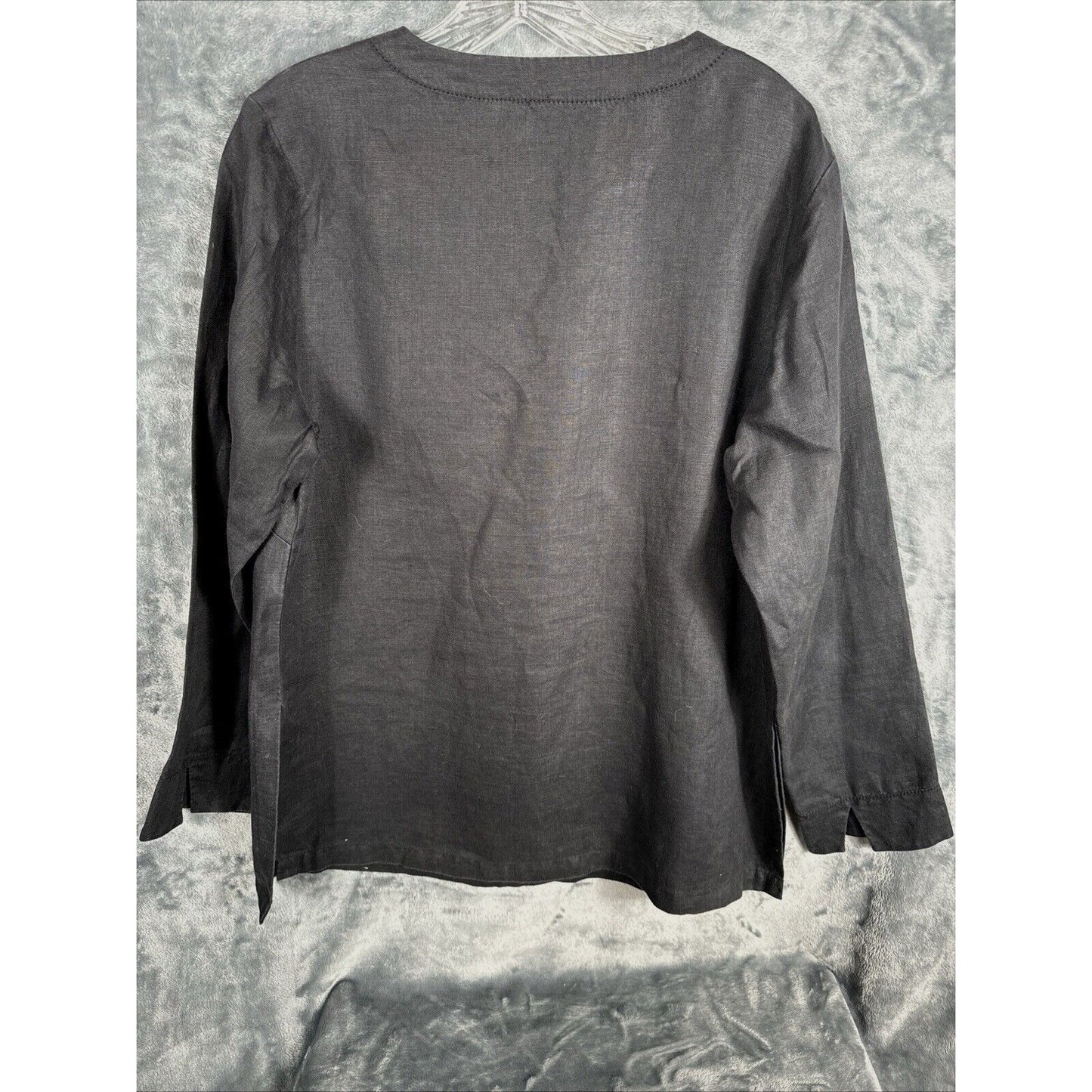 Dialogue Women’s 100% Linen Black V-Neck Long Sleeve Blouse Size 10