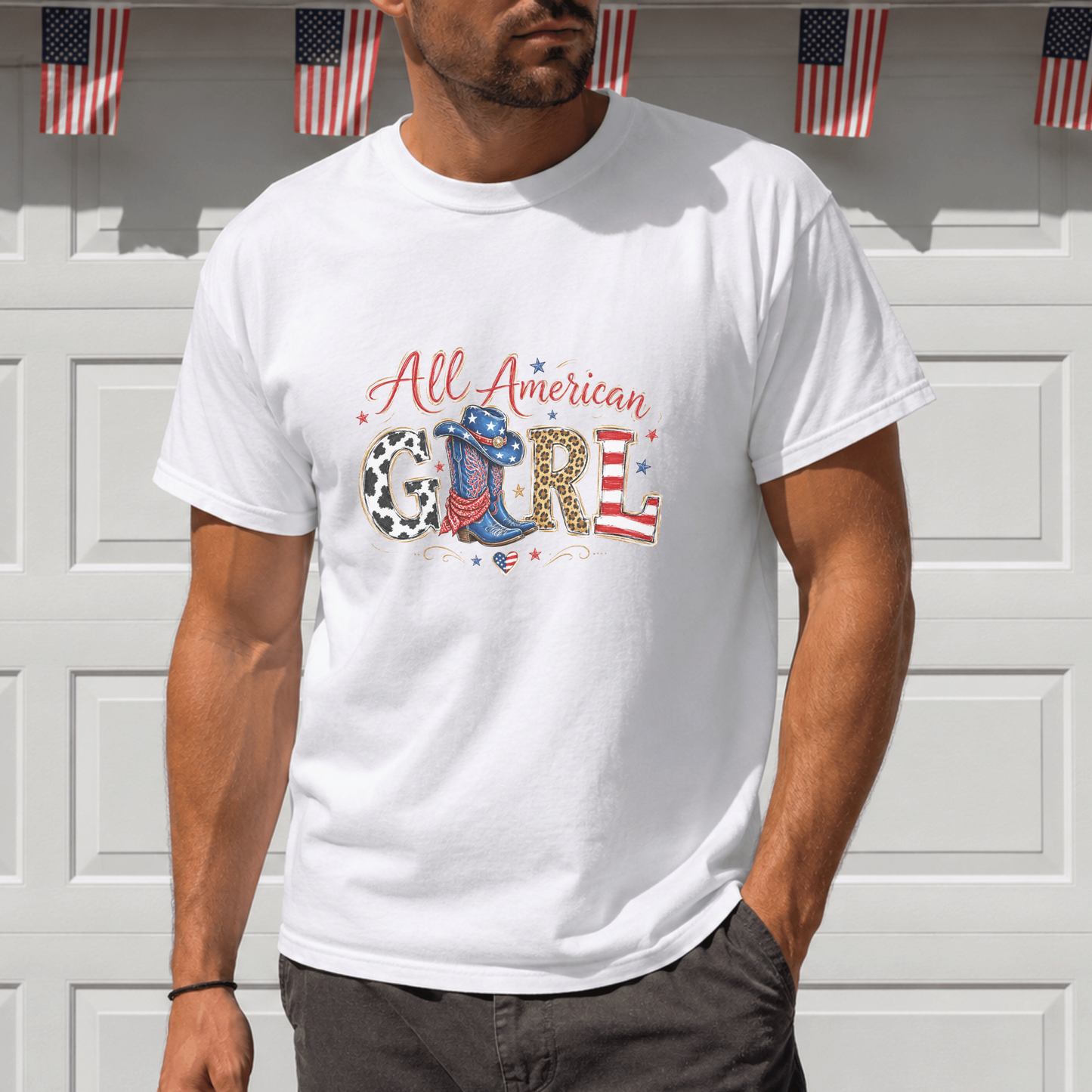 All American Girl T-Shirt, Patriotic Cowboy Boots Tee, USA Themed Gift, Cowgirl Western Style, Women's Graphic Shirt, American Flag Art
