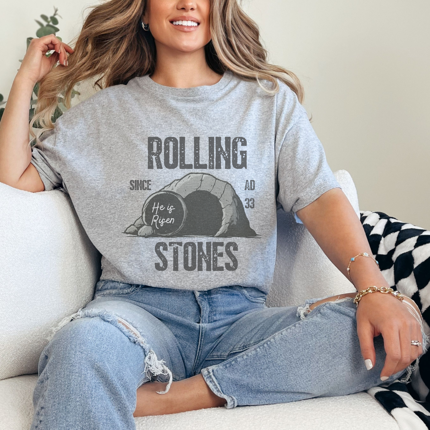 Rolling Stones He is Risen Christian T-Shirt, Religious Easter Gift, Vintage Graphic Tee, Christian Apparel, Funny Religious Shirt