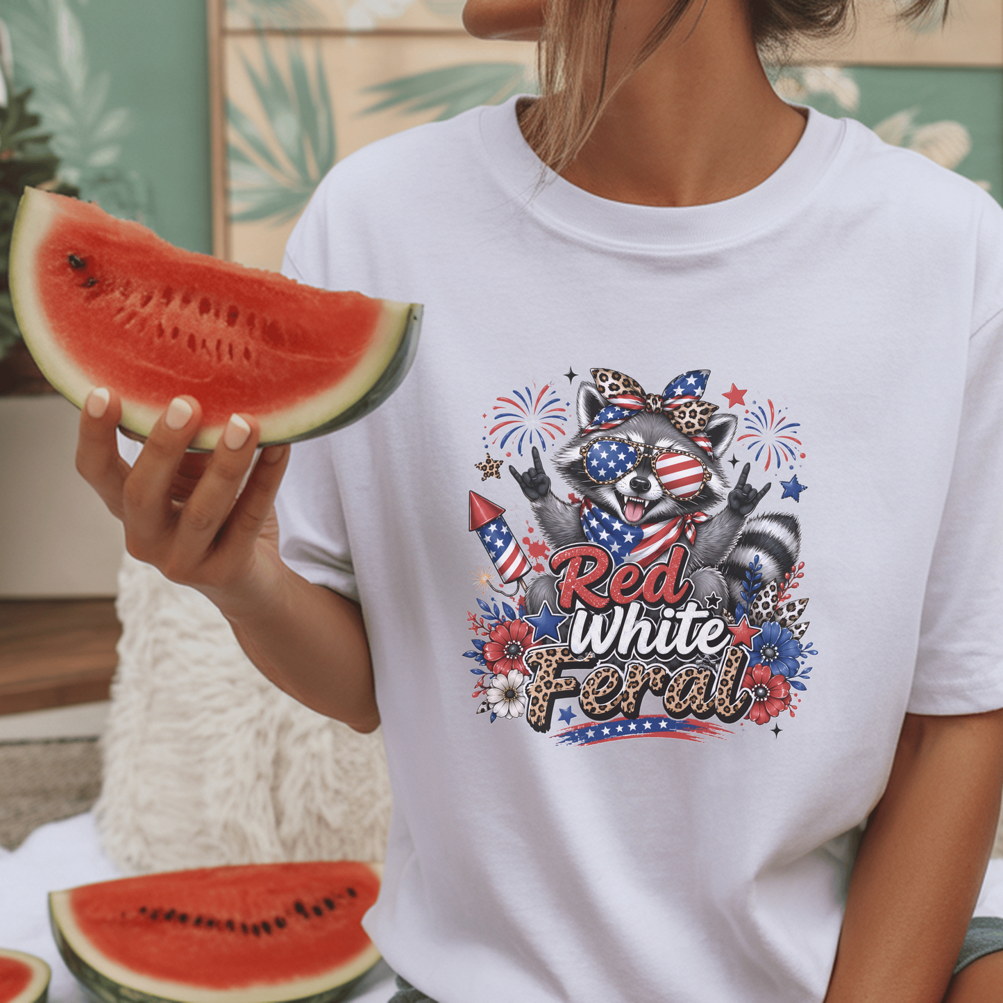 Patriotic Raccoon T-shirt, Red White Feral Graphic Tee, 4th of July Animal Shirt, Customizable Comfort Colors, USA Holiday Apparel Gift