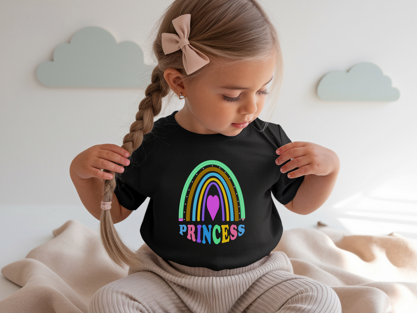 Kids Rainbow T-Shirt, Cute Princess Tee, Girls Graphic Tee, Colorful Kids Shirt, Fun Children's Apparel, Rainbow Heart Shirt, Gift for Girls