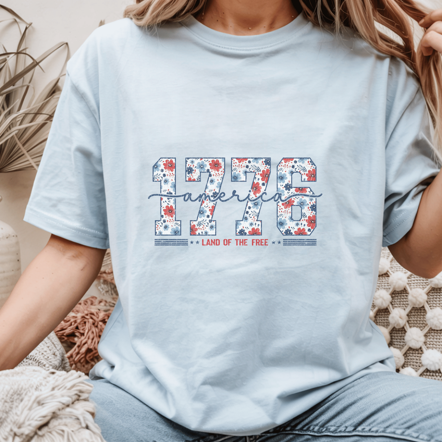 Patriotic Floral 1776 Americana Tee, Custom Independence Day Shirt, Vintage Style Flower Design, Land of the Free Gift