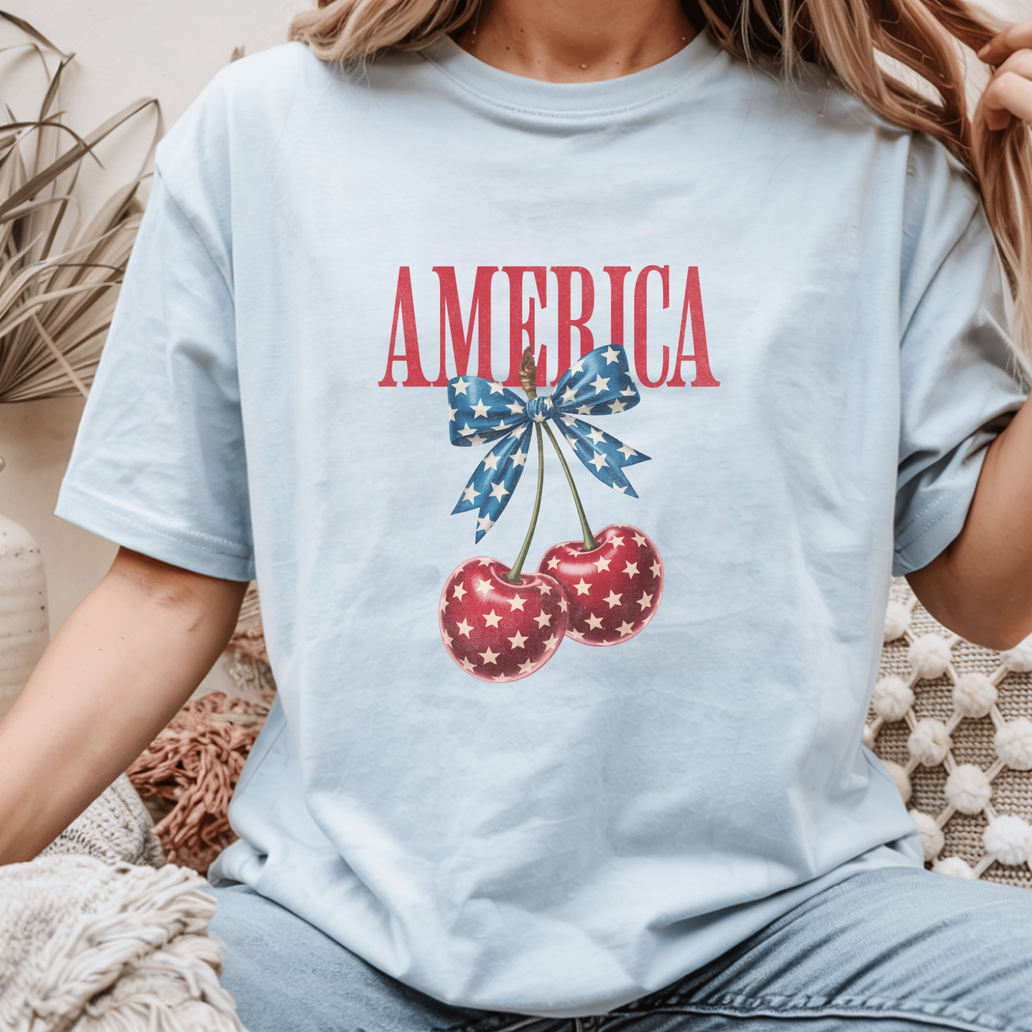 Patriotic Cherry Bow Tee, Vintage American Graphic Shirt, 4th of July Gift, Retro Style, Stars and Stripes Design, Customizable