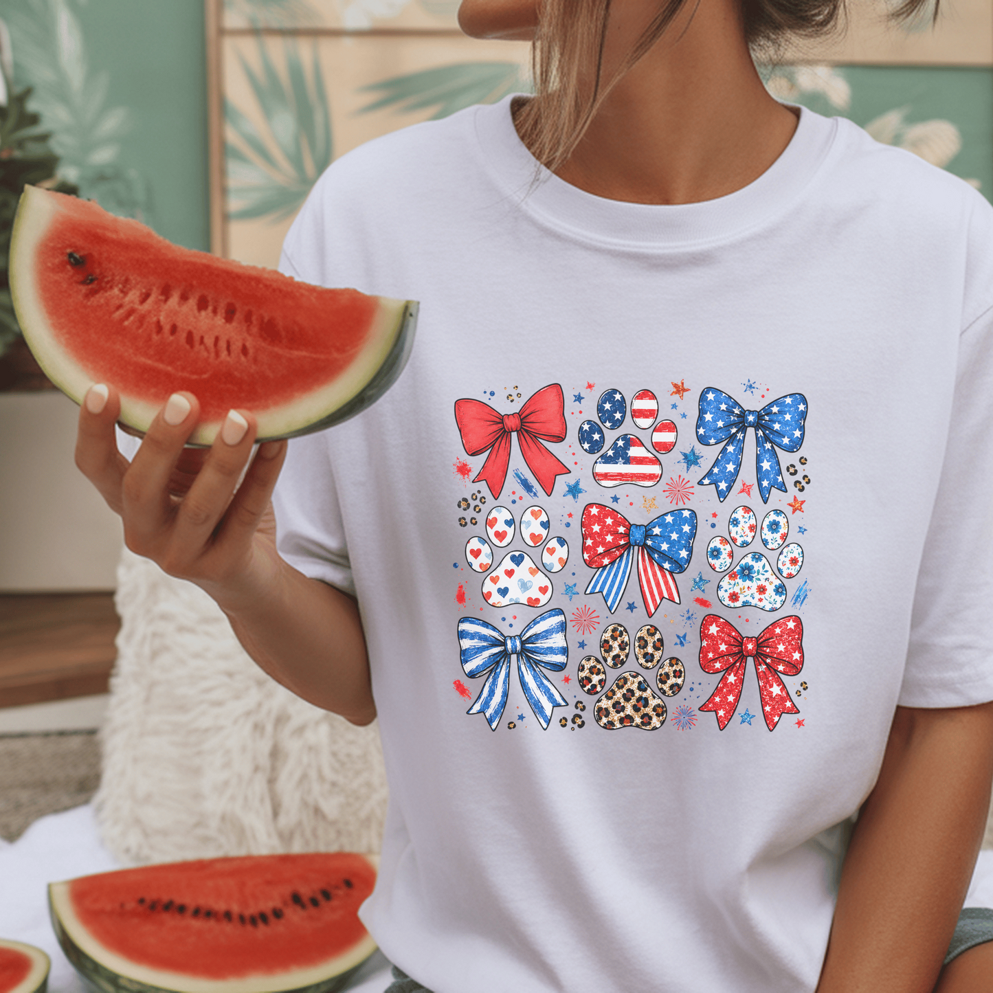 American Flag Paw Print Tshirt, Patriotic Bow Custom Tee, July 4th Animal Lover Gift, Cute USA Dog Lover Shirt, Independence Day Tee