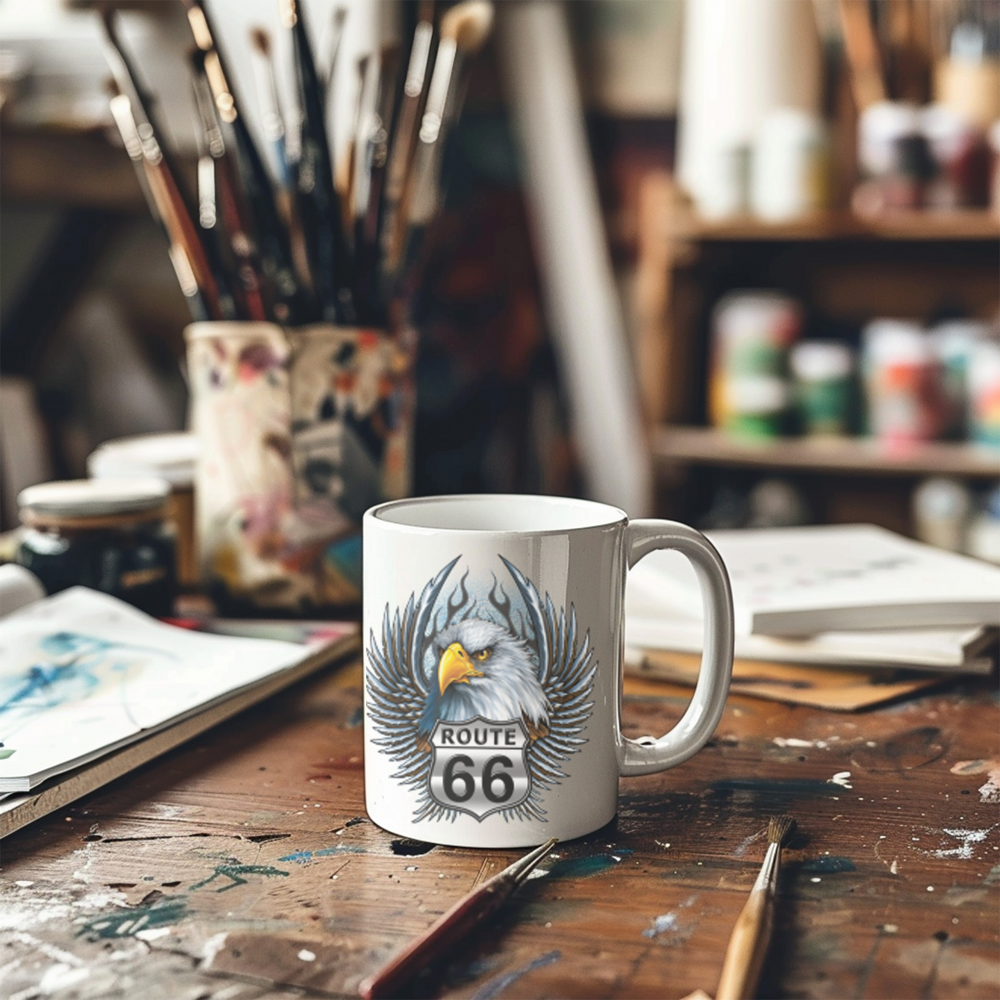 Eagle Route 66 Mug, Vintage Americana Gift, Ceramic Coffee Mug, Personalized Travel Mug, Road Trip Souvenir, 11oz 15oz