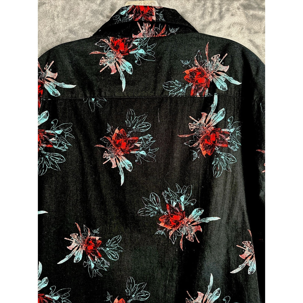 Tony Hawk Men’s Floral Hawaiian Shirt Button Up Black
