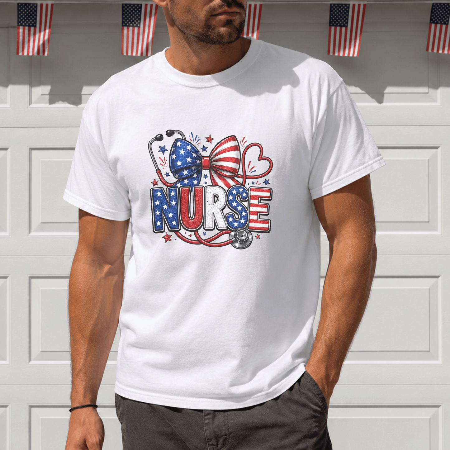 Patriotic Nurse Shirt, USA Flag Inspired Tee, Nurse Appreciation Gift, RN Independence Day Apparel, Stethoscope Graphic Top, Unique Medical