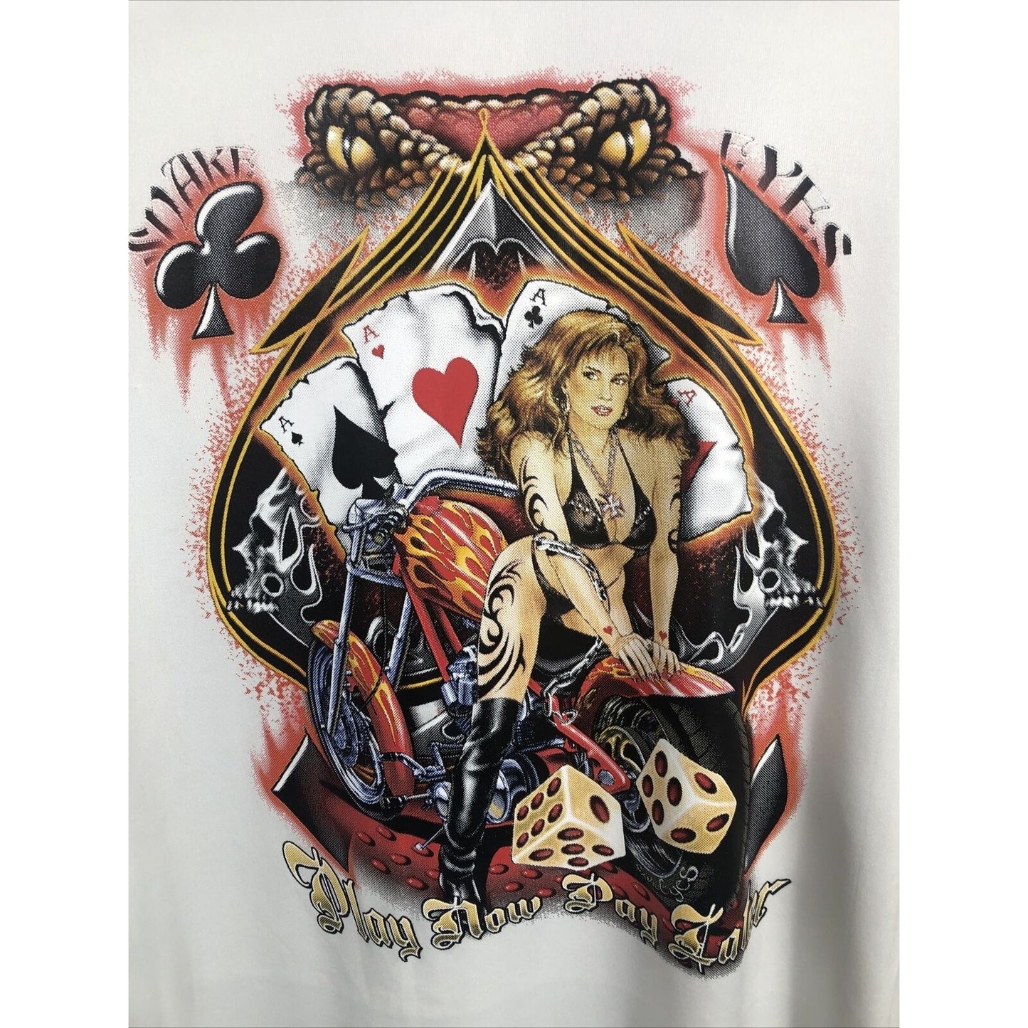 Men's T-Shirt Play Now Pay Later Bike Gambling Cards Hot Girl Shirt White Bikers