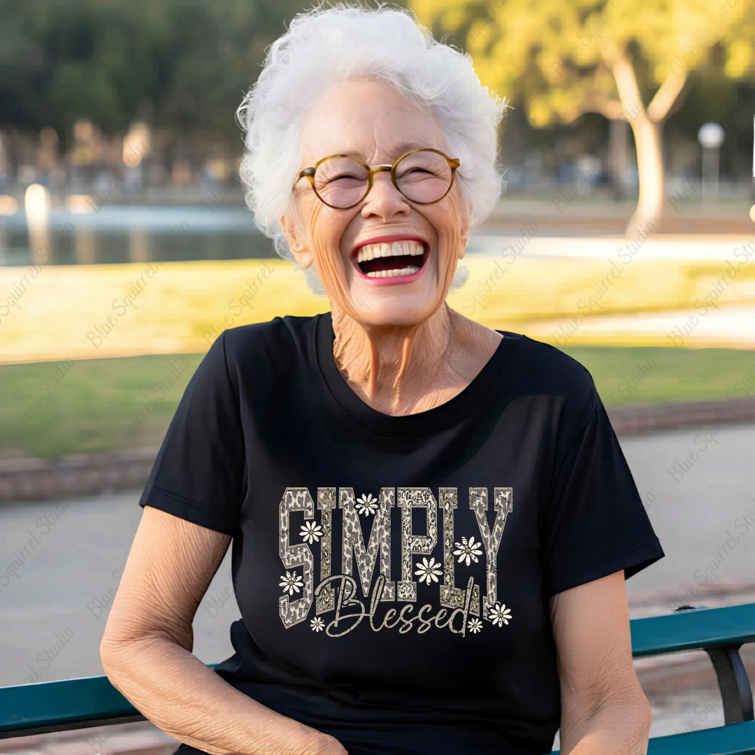 Simply Blessed Shirt, Inspirational Graphic Tee, Comfortable Black Cotton Top, Gift for Grandmother, Motivational T-Shirt, Floral Text Design