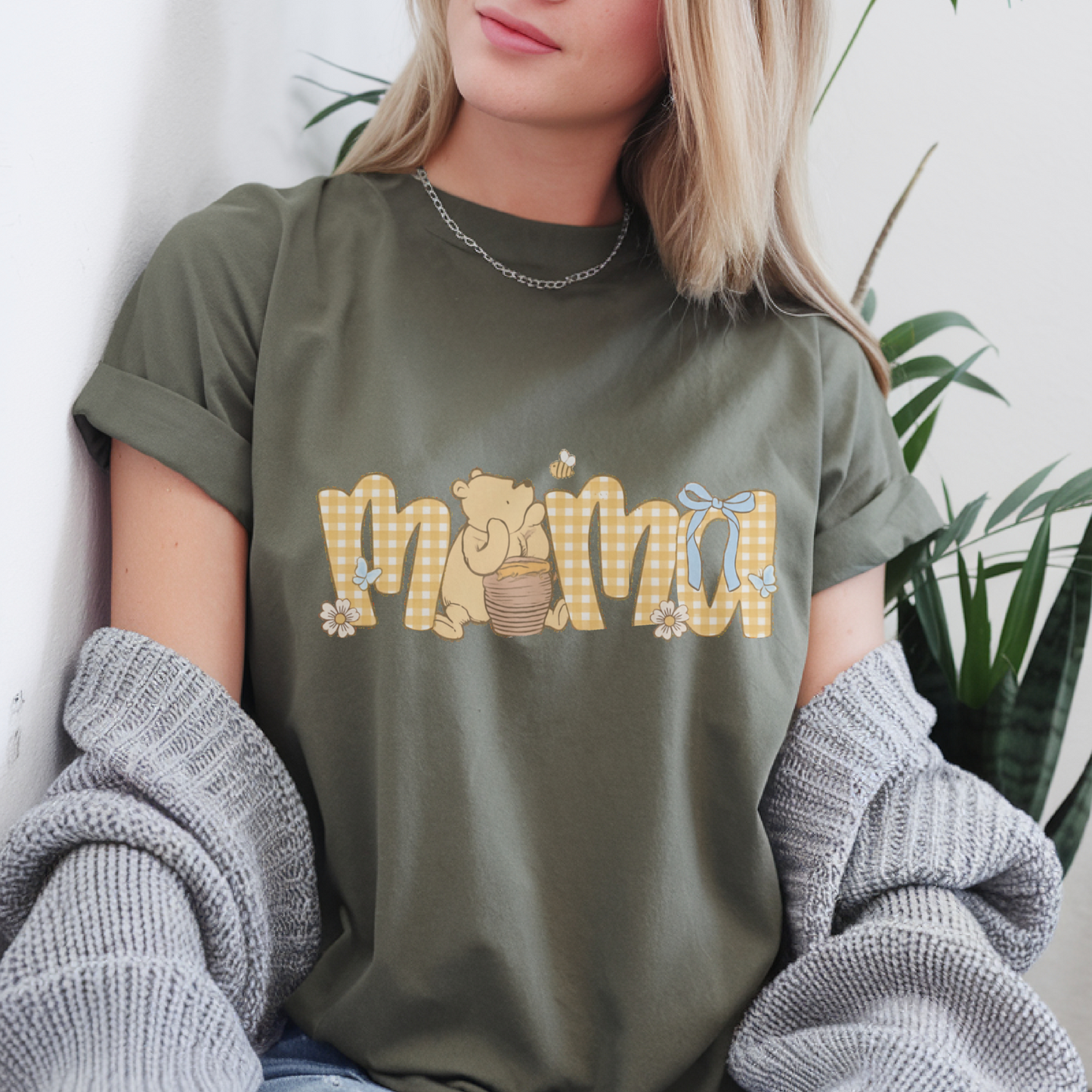 Mama Graphic Tee, Gingham Bear Shirt, Gift for Moms, Casual Comfort, Cute Animal Design, Cozy Cotton Shirt, Charming Graphic Top