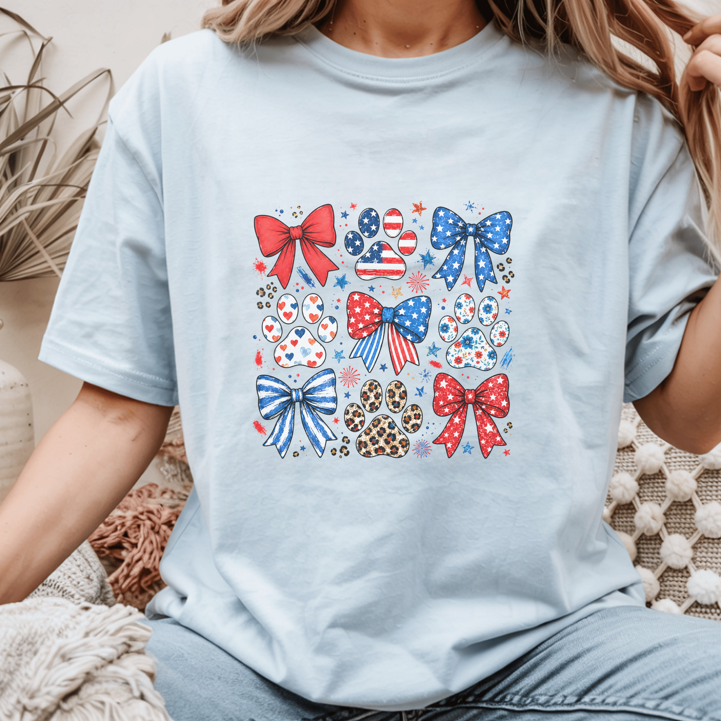 American Flag Paw Print Tshirt, Patriotic Bow Custom Tee, July 4th Animal Lover Gift, Cute USA Dog Lover Shirt, Independence Day Tee