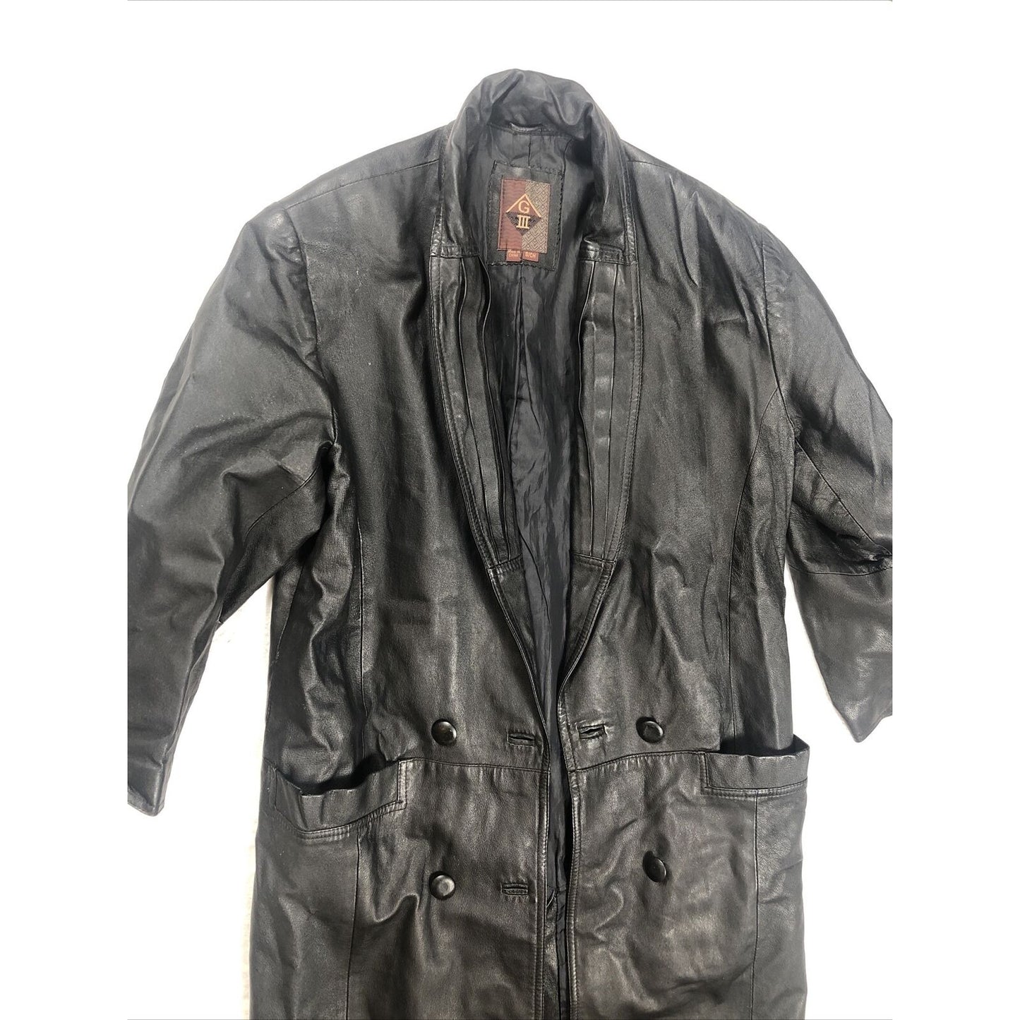 Vintage 80's G-III Black Leather Long Trench Coat Women's Small Long