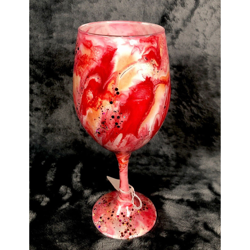 Wine Glass Red Swirls & Glitter Hand Painted Custom Unique Gift