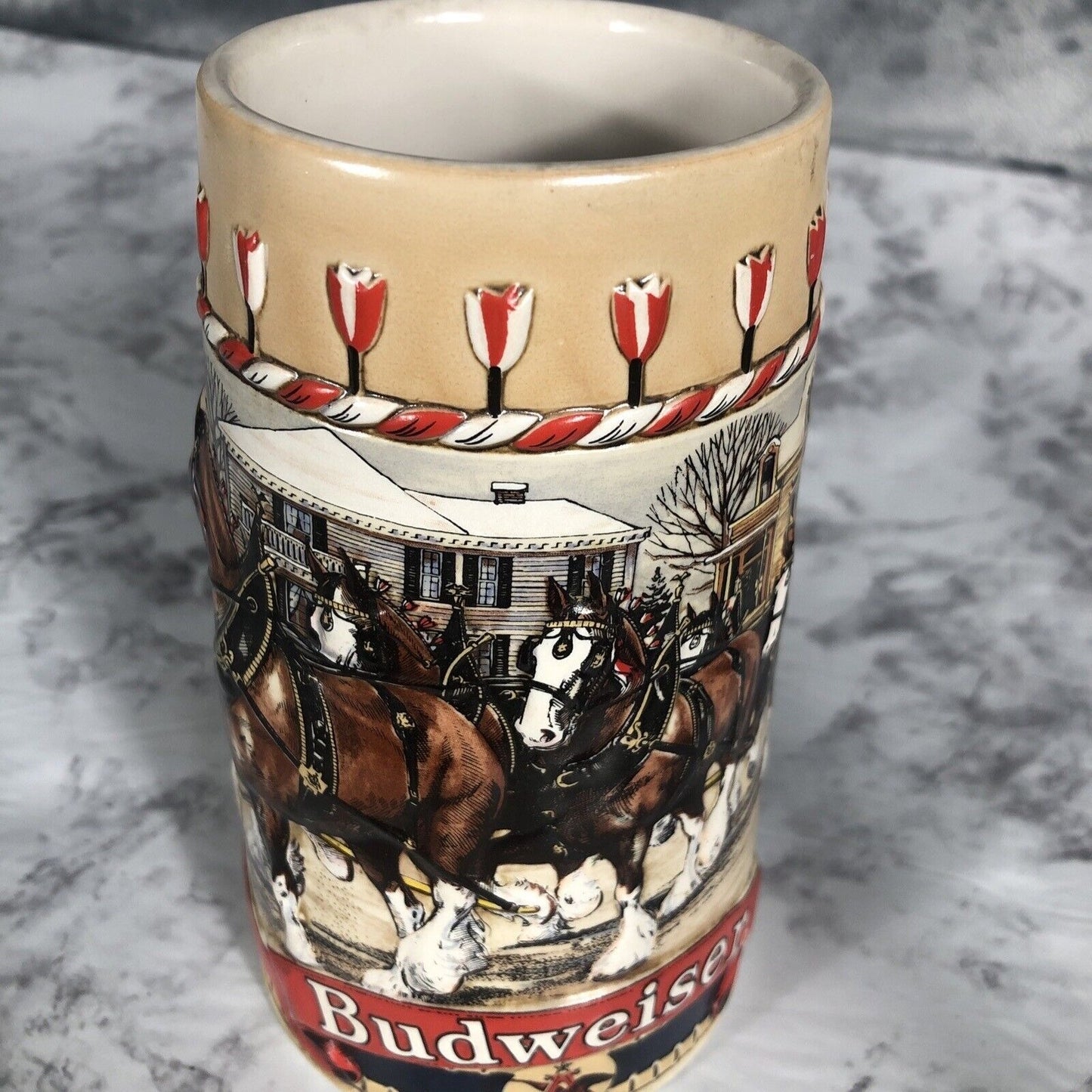 Anheuser-Busch Budweiser Clydesdale Holiday Ceramic Beer Stein 1986 "B" Series