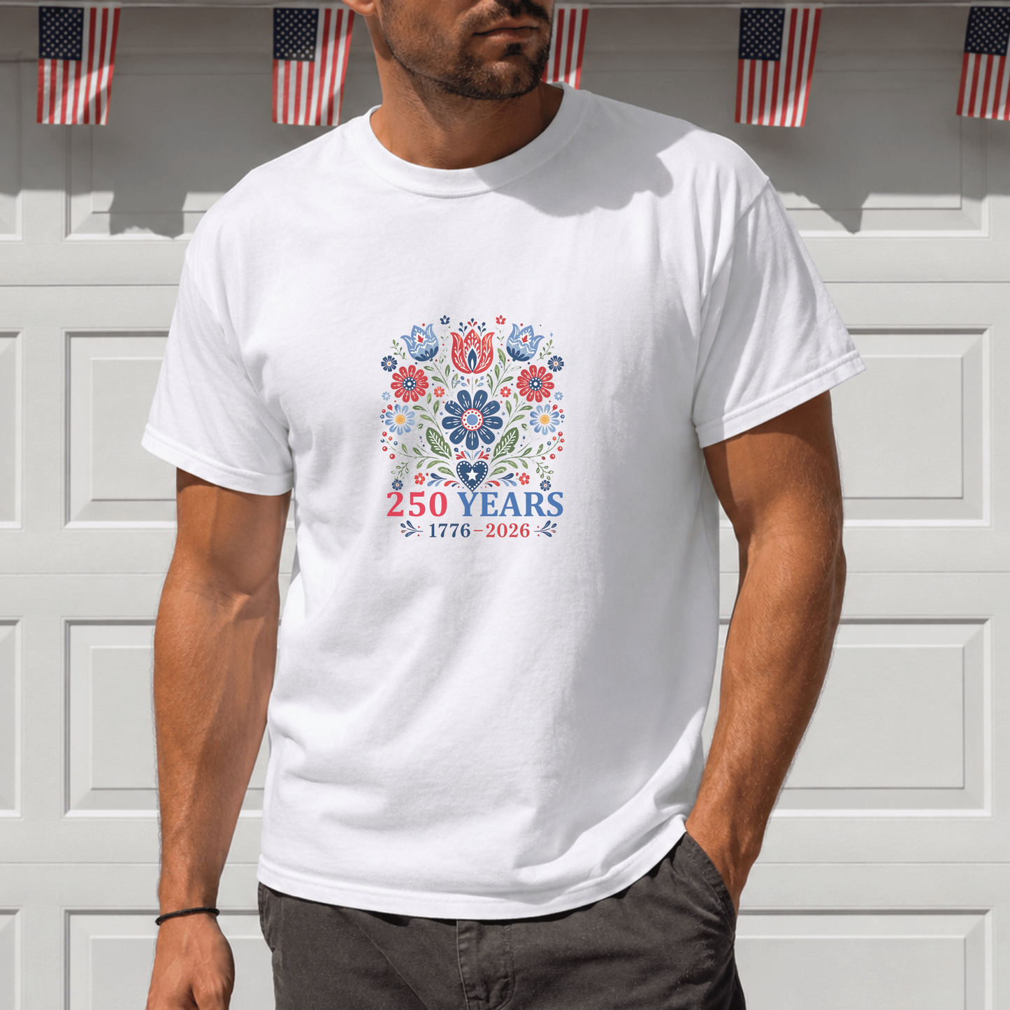 250 Years Commemorative T-Shirt, Patriotic Floral Design Tee, Anniversary Celebration Gift, Heritage Art Shirt, Customizable Apparel