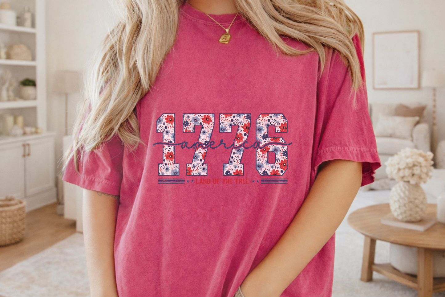 Patriotic Floral 1776 Americana Tee, Custom Independence Day Shirt, Vintage Style Flower Design, Land of the Free Gift