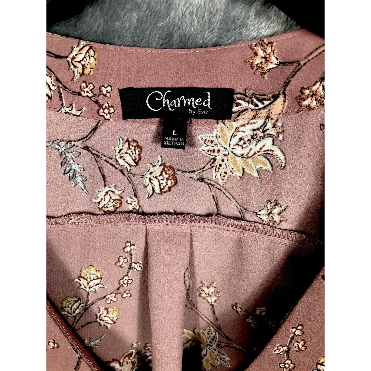 Charmed by Eve Blouse Women L Pink Black Floral 3/4 Puff Sleeve V-Neck Pullover