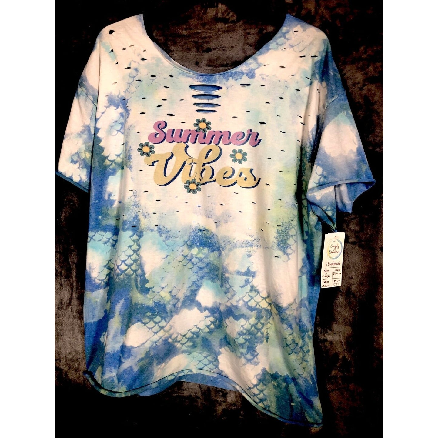 Woman's T Shirt Summer Vibes Tie-Dye Distressed T-Shirt Handmade Shirt