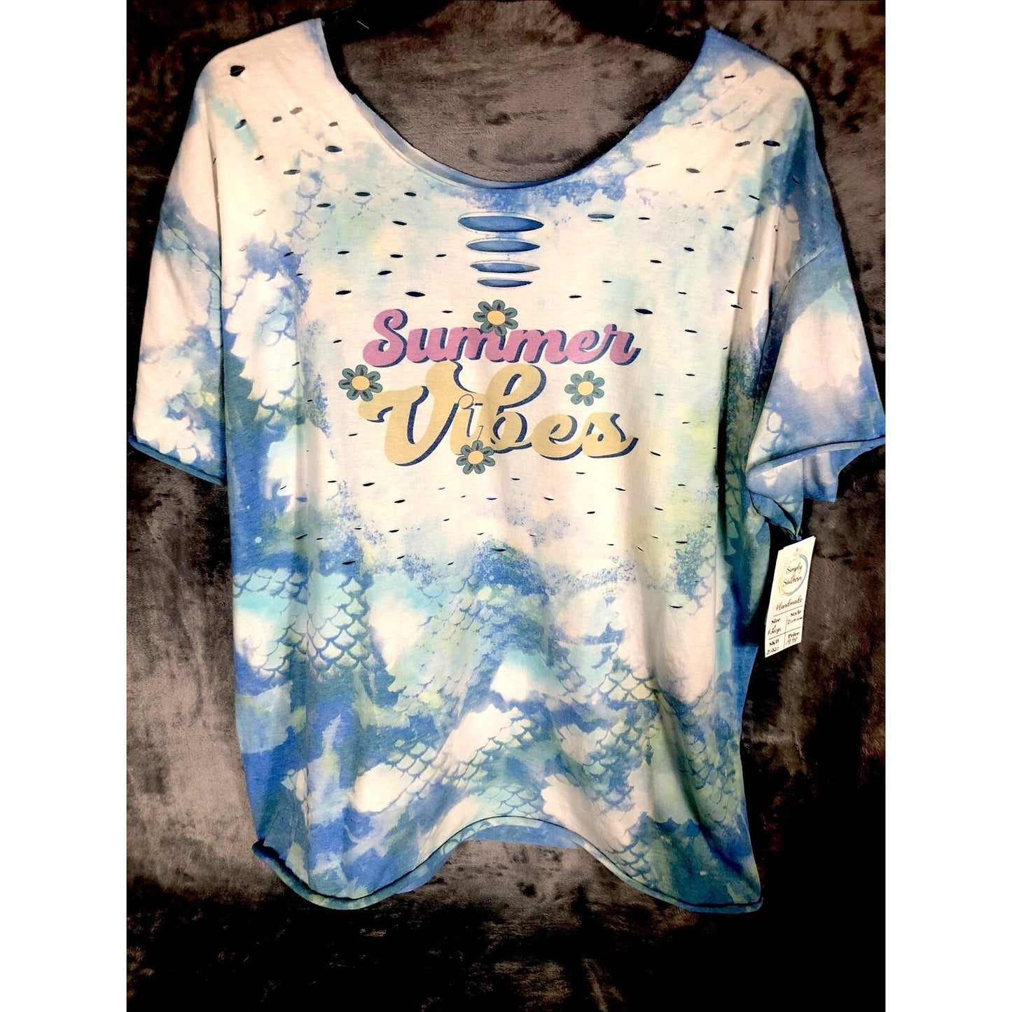 Woman's T Shirt Summer Vibes Tie-Dye Distressed T-Shirt Handmade Shirt