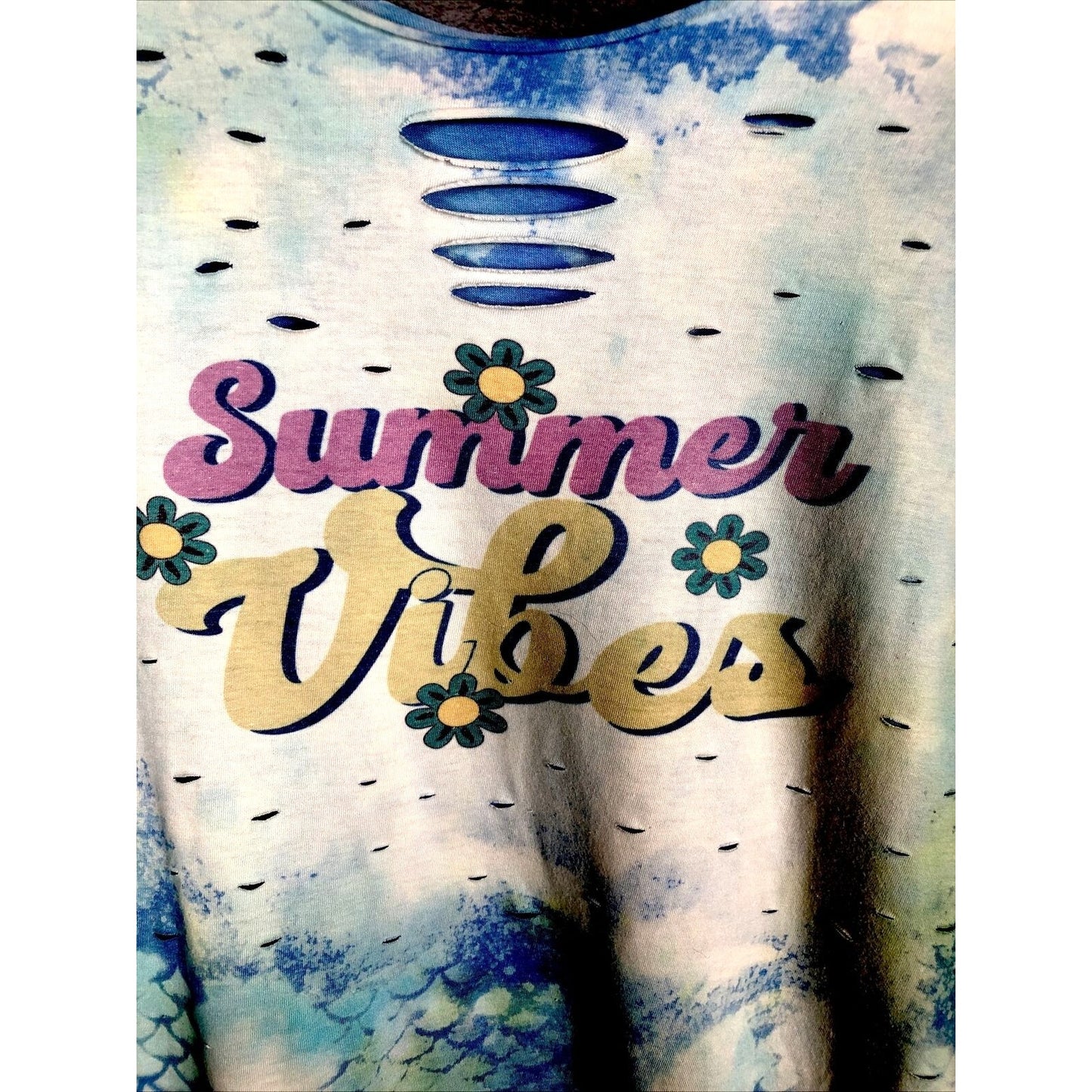 Woman's T Shirt Summer Vibes Tie-Dye Distressed T-Shirt Handmade Shirt