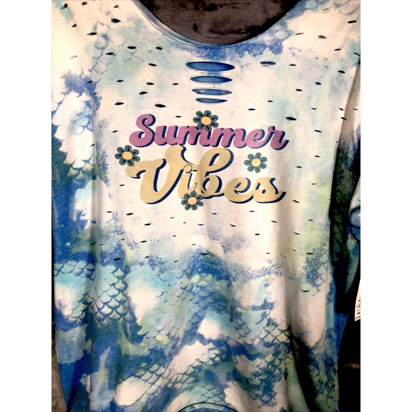 Woman's T Shirt Summer Vibes Tie-Dye Distressed T-Shirt Handmade Shirt