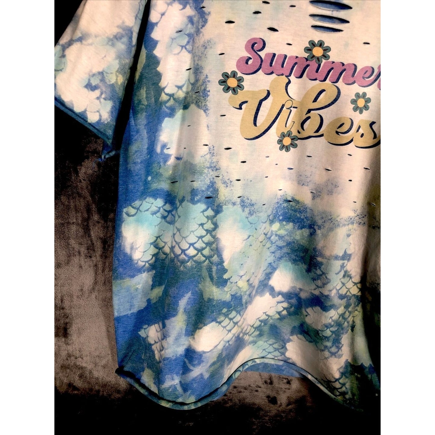 Woman's T Shirt Summer Vibes Tie-Dye Distressed T-Shirt Handmade Shirt