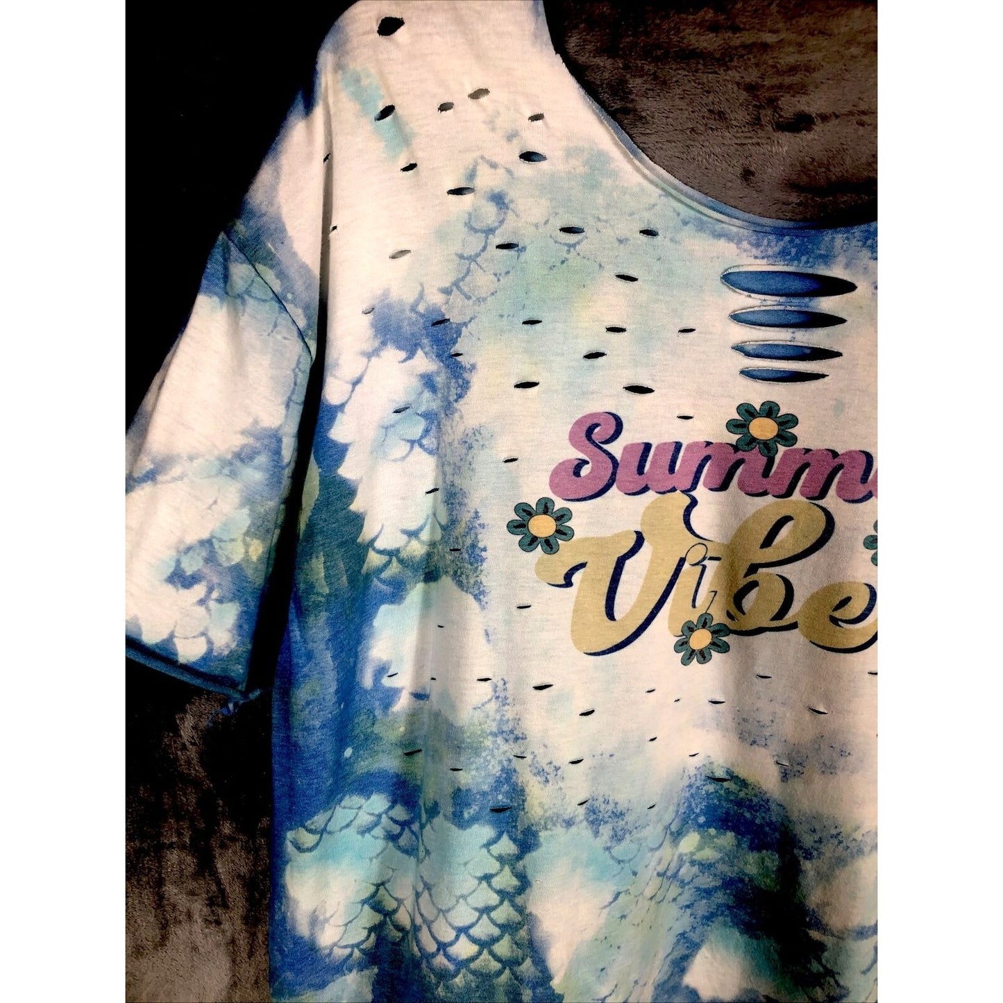 Woman's T Shirt Summer Vibes Tie-Dye Distressed T-Shirt Handmade Shirt