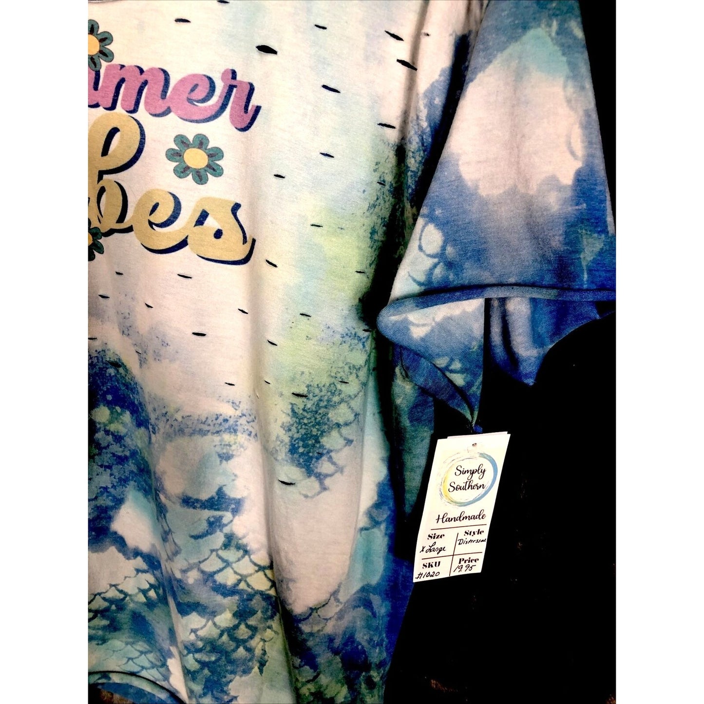 Woman's T Shirt Summer Vibes Tie-Dye Distressed T-Shirt Handmade Shirt
