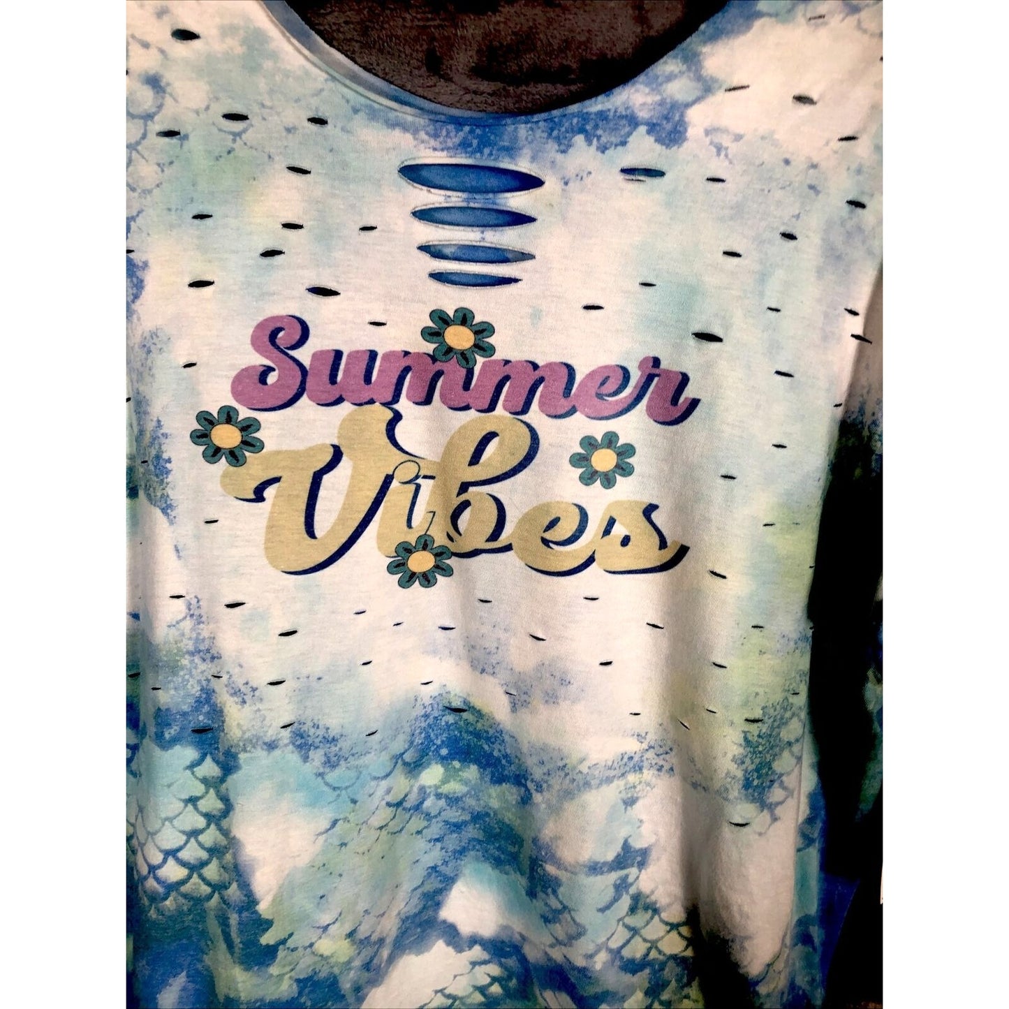 Woman's T Shirt Summer Vibes Tie-Dye Distressed T-Shirt Handmade Shirt