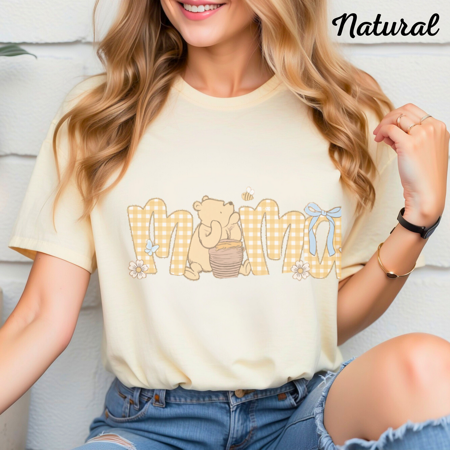Mama Graphic Tee, Gingham Bear Shirt, Gift for Moms, Casual Comfort, Cute Animal Design, Cozy Cotton Shirt, Charming Graphic Top