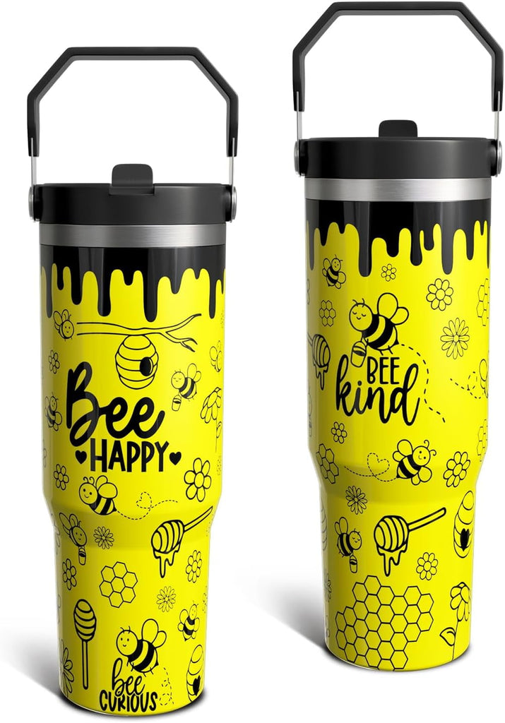 30oz Bee Happy Stainless Steel Tumbler with Handle, Flip Straw & Lid - Double Wall Insulated Water Bottle Cup - Animal Lover Birthday Gifts for Women Men (Yellow) - Walmart.com