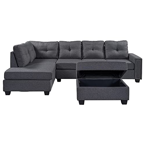 UBGO Sectional, L Shape Modular Storage Ottoman & Chaise, Comfy Oversized Corner Sofa Cup Holder,Fabric Living Room Furniture Couch Sets, Gray Linen