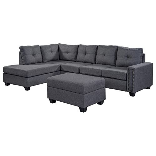UBGO Sectional, L Shape Modular Storage Ottoman & Chaise, Comfy Oversized Corner Sofa Cup Holder,Fabric Living Room Furniture Couch Sets, Gray Linen