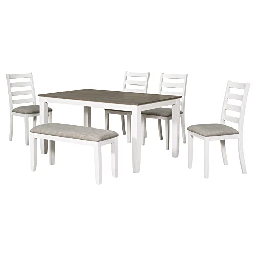 BIADNBZ Rustic 6-Piece Dining Table Set with 4 Ergonomic Designed Upholstered Chairs and Bench for Home, Apartment, DiningRoom, Dinette, Solid Wood Kitchen Furniture, 60 inch, Brown + Whitewash