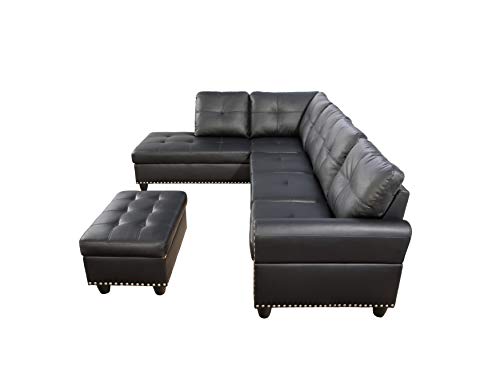 MMTGO 98" L-Shape Faux Leather Modular, Cup Holders and Storage, 4-Seater Upholstered Tufting Corner Couch for Apartment, Home Furniture, Living Room, Sectional Sofa Set w/Ottoman