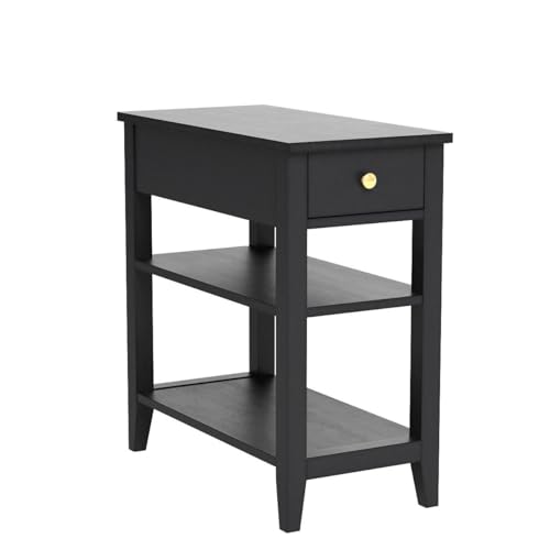 Giantex Narrow End Table Set of 2, Small Side Table with Drawer and Shelf, Wood Accent Sofa Table, Skinny Nightstand for Small Space Living Room Bedroom, Black