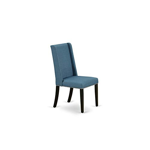 East West Furniture Lassale 11 Piece Modern Dining Set Includes a Rectangle Wooden Table with Butterfly Leaf and 10 Blue Linen Fabric Upholstered Chairs, 42x92 Inch, Distress Jacobean