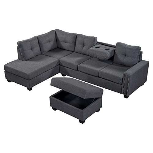 UBGO Sectional, L Shape Modular Storage Ottoman & Chaise, Comfy Oversized Corner Sofa Cup Holder,Fabric Living Room Furniture Couch Sets, Gray Linen