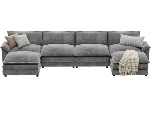 YESHOMY Sectional Modular Sofa U Shaped Chenille Fabric Couch with High Supportive & Soft Sponges and Removable Ottoman, Sleeper Comfy Upholstered Furniture for Living Room, Grey