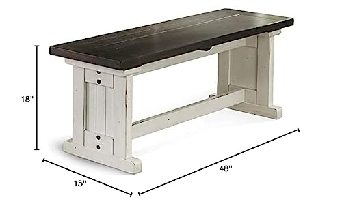 Pemberly Row Farmhouse Wood Side Bench in Off White Dark Brown, Solid Wood, Sturdy and Durable, Kitchen or Dining Seating, Farmhouse Style, Rustic Design
