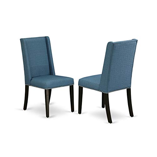 East West Furniture Lassale 11 Piece Modern Dining Set Includes a Rectangle Wooden Table with Butterfly Leaf and 10 Blue Linen Fabric Upholstered Chairs, 42x92 Inch, Distress Jacobean
