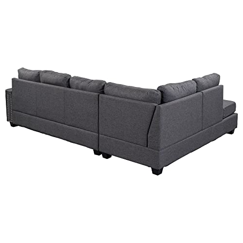 UBGO Sectional, L Shape Modular Storage Ottoman & Chaise, Comfy Oversized Corner Sofa Cup Holder,Fabric Living Room Furniture Couch Sets, Gray Linen