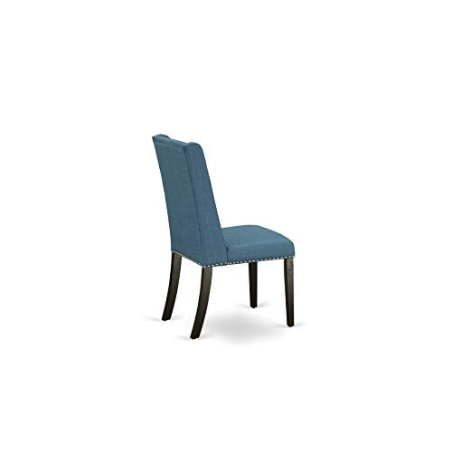 East West Furniture Lassale 11 Piece Modern Dining Set Includes a Rectangle Wooden Table with Butterfly Leaf and 10 Blue Linen Fabric Upholstered Chairs, 42x92 Inch, Distress Jacobean