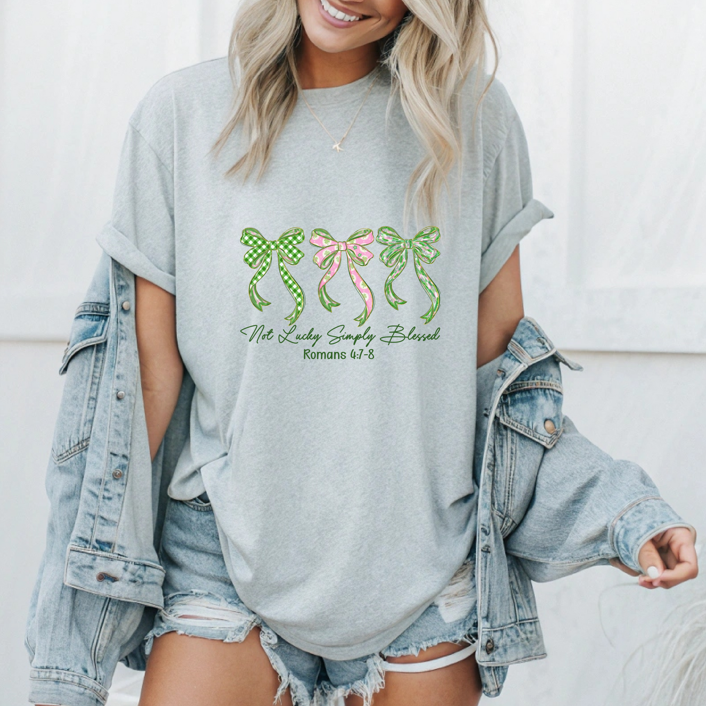 Christian Faith Shirt, Not Lucky Simply Blessed Tee, Religious Gift, Bible Verse Tee, Inspirational Bow Graphic, Romans 4:7-8 T-Shirt