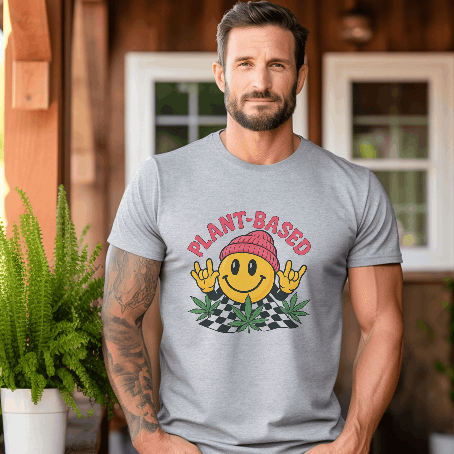 Plant Based Weed T Shirt | Marijuana Leaf Smiley :) Bong Hat | Hippie Unisex Graphic Tee