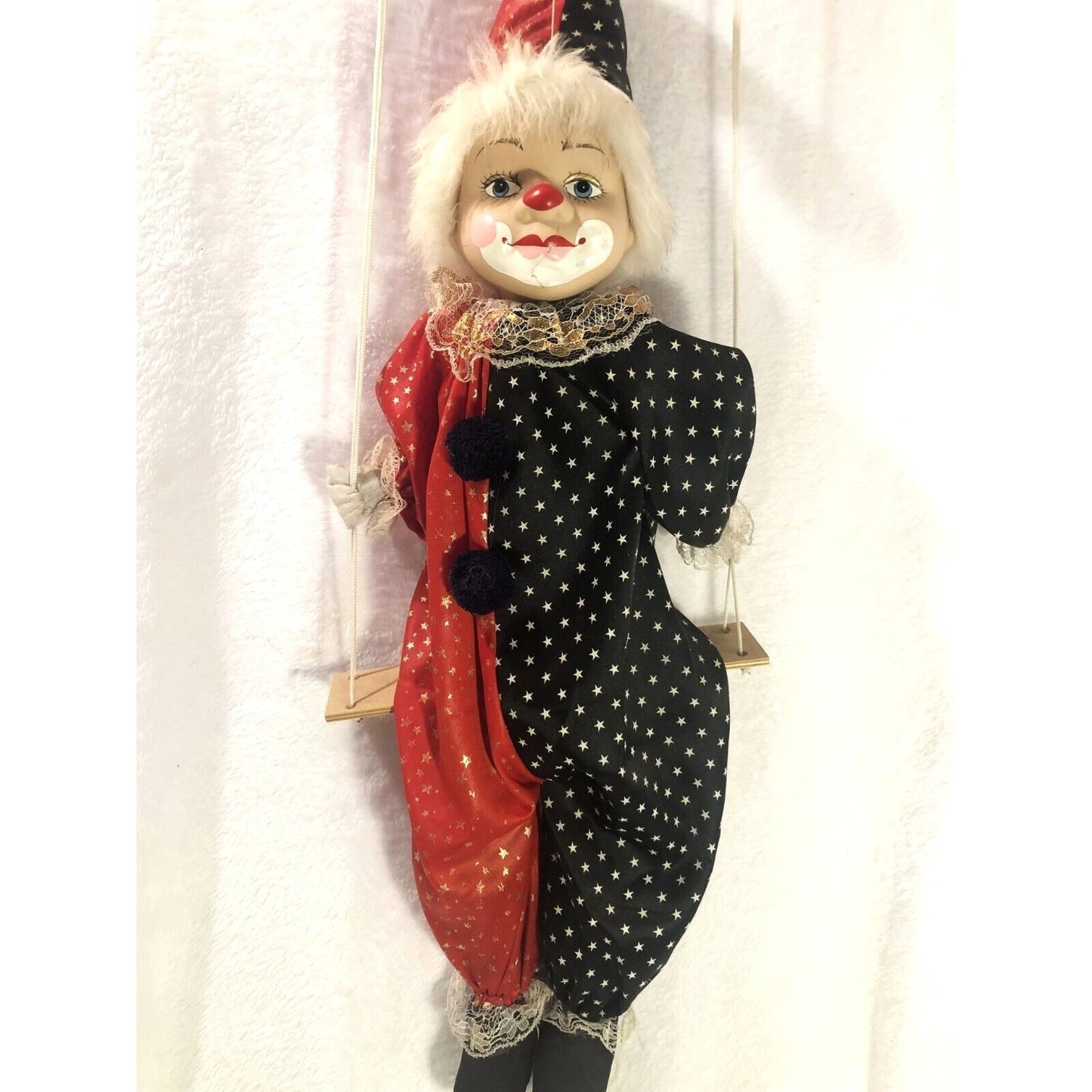 Vintage Circus Clown Kid Doll Porcelain Head String Marionette Puppet on Swing